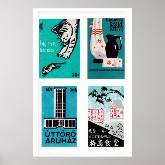 Póster Turquoise & Black Matchbox Labels Grid Print (Frente)