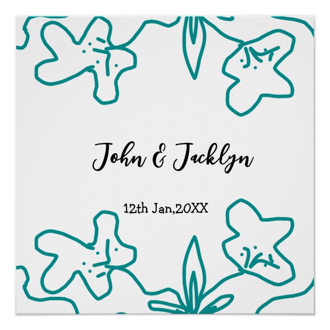 Póster Turquoise blue wedding couple name date flstylish  (Anverso)