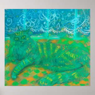 Póster  Turquoise Cat Pastel Painting Pet Animal Portrait