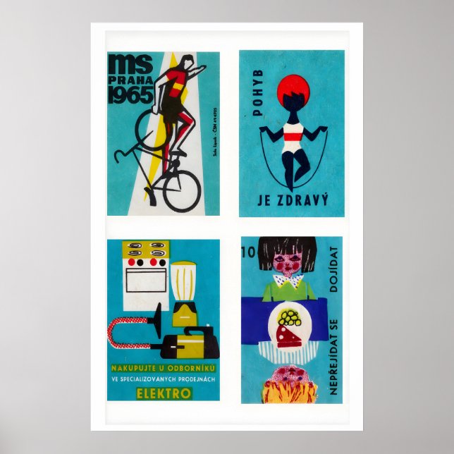 Póster Turquoise Czech Matchbox Labels Grid Print (Frente)
