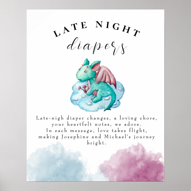 Póster Turquoise Dragon Baby Shower Late Night Diapers (Frente)