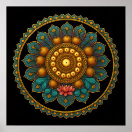 Póster Turquoise Lotus Mandala - Black Boho Graphic Art