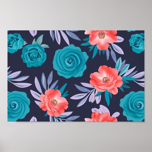 Póster Turquoise Roses & Coral Flowers with Pastel Leaves (Frente)
