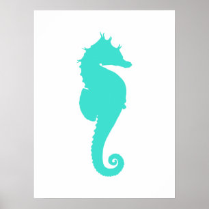 Póster Turquoise Sea Horse on White