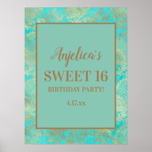 Póster Turquoise Teal Gold Tiaras Girl's Sweet 16
