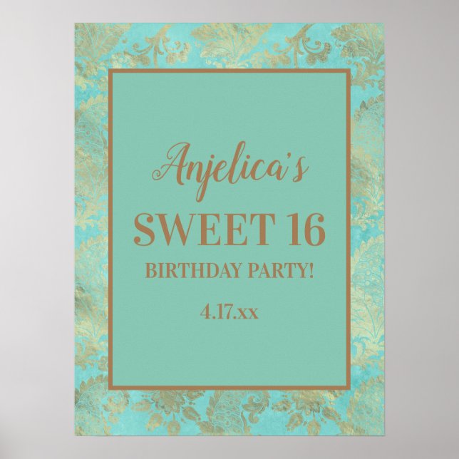 Póster Turquoise Teal Gold Tiaras Girl's Sweet 16 (Frente)