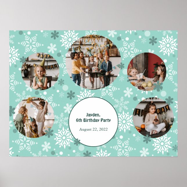 Póster Turquoise Winter Birthday Party Photo Collage (Frente)