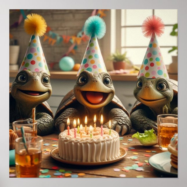 Póster Turtles celebrating birthday with cake and hats (Frente)