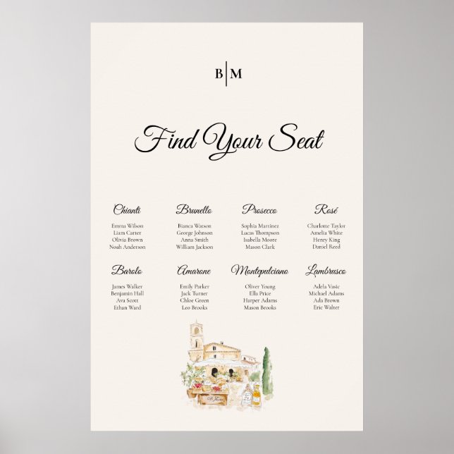 Póster Tuscany Wine Table Wedding Seating Chart Poster (Frente)