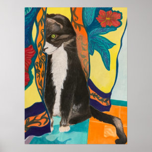 Póster Tuxedo Cat and Embroidered Curtains