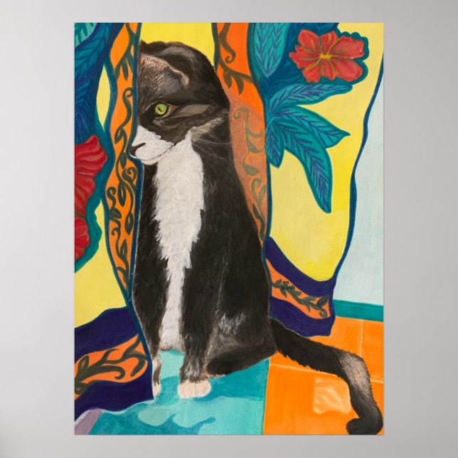 Póster Tuxedo Cat and Embroidered Curtains (Frente)