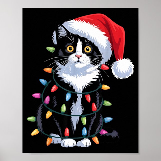 Póster Tuxedo Cat Meow Santa Tuxie Christmas Tree  (Frente)