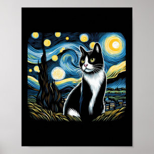 Póster Tuxedo Cat Starry Night Pintura Tuxedo Cat Dueño