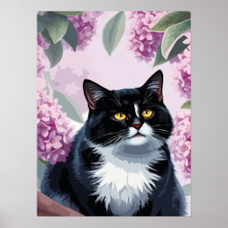 Póster Tuxedo cat with lilac flowers, cute floral cat