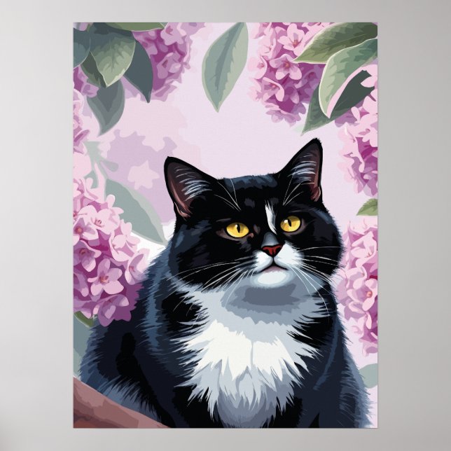 Póster Tuxedo cat with lilac flowers, cute floral cat (Frente)