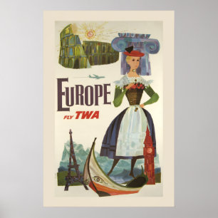 Póster TWA Visita Europa Años 60 Viajes en Aerolínea Vint