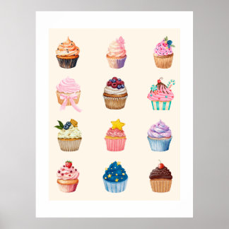 Póster Twelve Watercolor Cupcakes