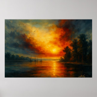 Póster Twilight Voyage Fiery Sunset and Calm Lake