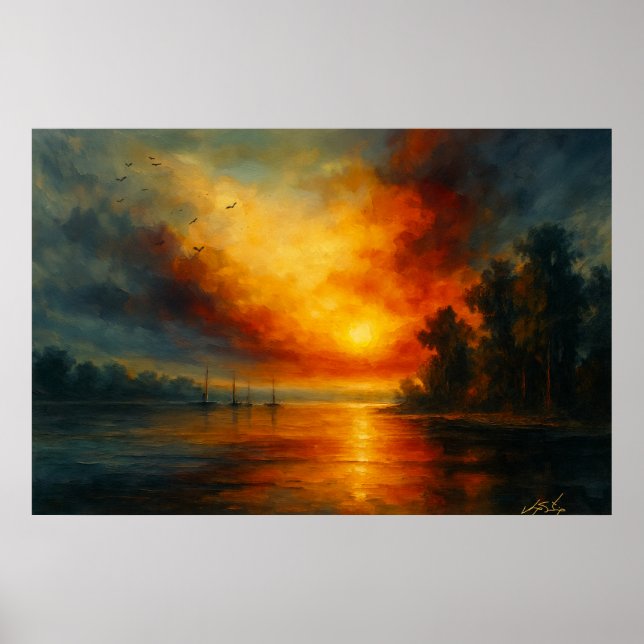 Póster Twilight Voyage Fiery Sunset and Calm Lake (Frente)