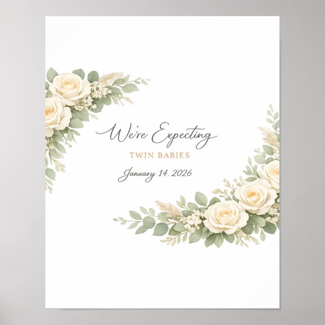 Póster Twin Baby Shower Invitation Botanical Greenery Flo (Frente)
