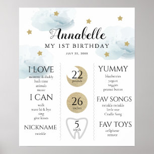 Póster Twinkle Little Star 1er cumpleaños Milestone Azul