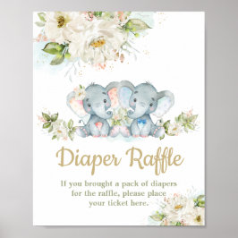 Póster Twins Elephant Boy Girl Baby Shower Diaper Raffle