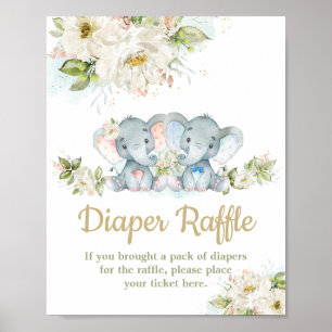 Póster Twins Elephant Boy Girl Baby Shower Diaper Raffle