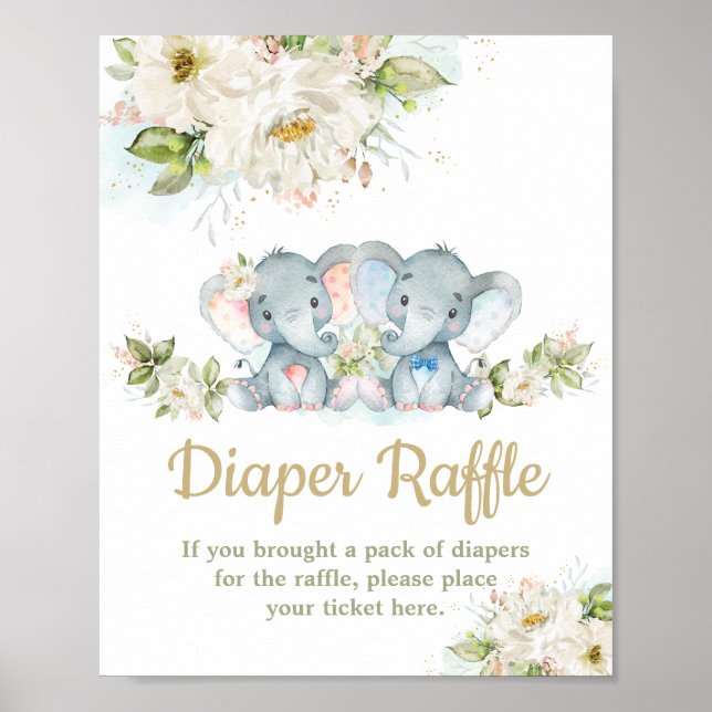Póster Twins Elephant Boy Girl Baby Shower Diaper Raffle (Frente)