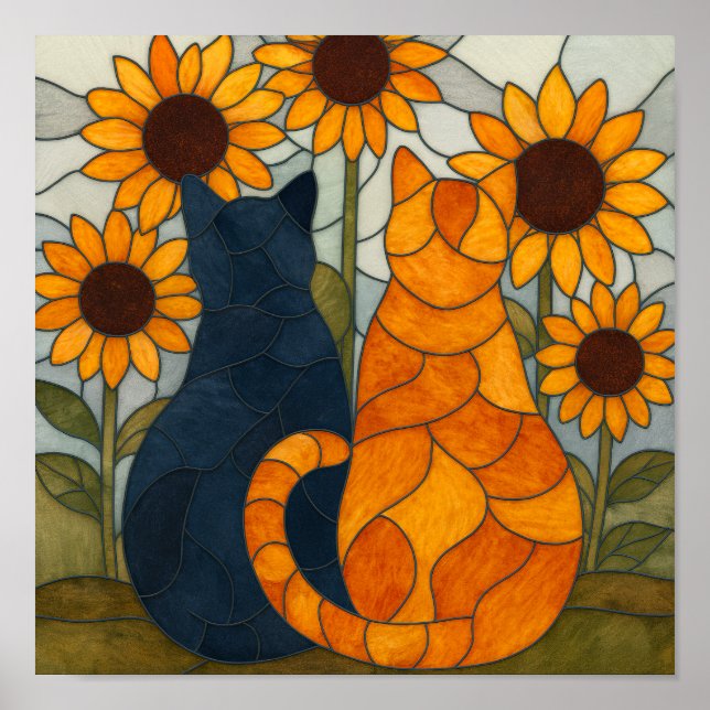 Póster Two Cats with Sunflowers Stained Glass Pattern (Frente)