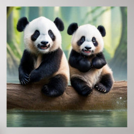 Póster Two cute little Pandas posing for the camera  