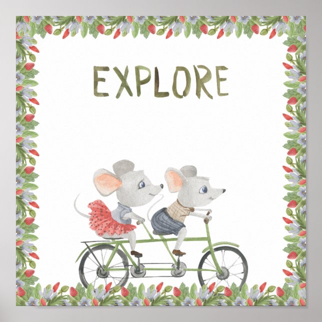 Póster Two Cute Mice On A Bike Explore Text Poster (Frente)