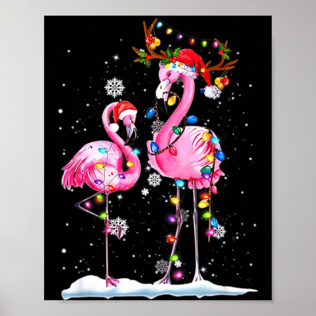 Póster Two Flamingo With Santa Hat And Lights Merry Chris (Frente)