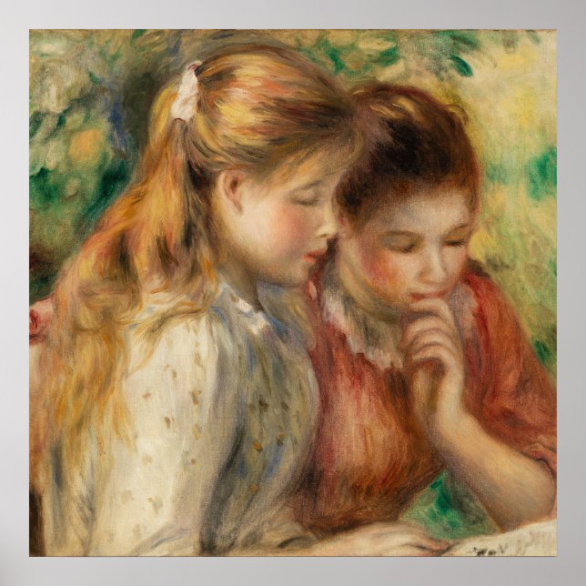 Póster Two Girls Reading - Renoir Impressionist Painting (Frente)