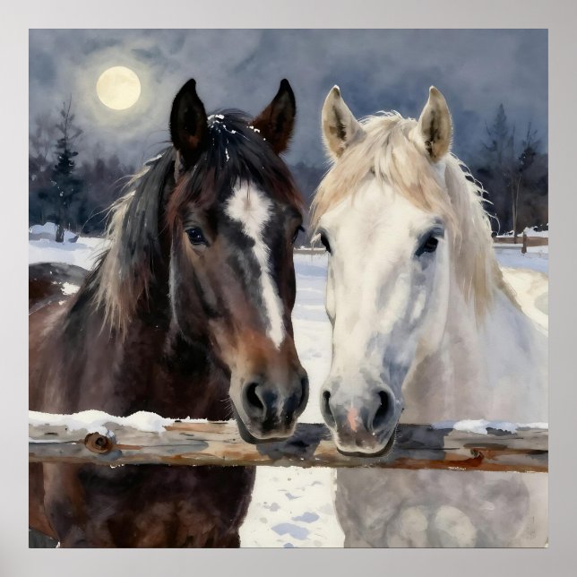 Póster Two Horses on a Snowy Farm Under the Moon (Frente)
