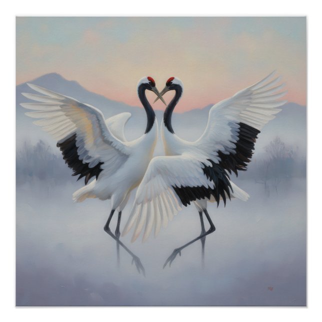 Póster Two Japanese cranes in a graceful dance (Anverso)