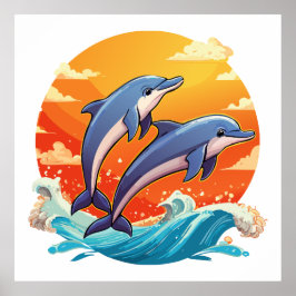Póster Two jumping cartoon dolphin