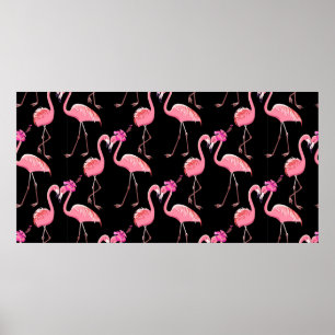 Póster Two pink flamingos on a black background. Seamless