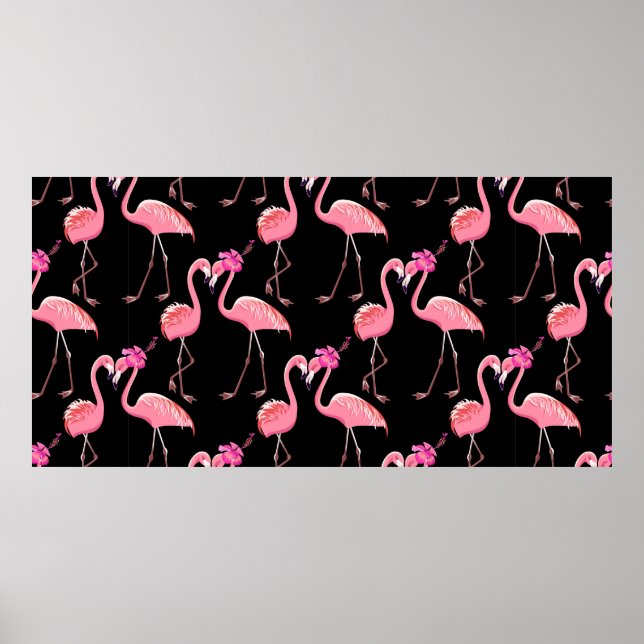 Póster Two pink flamingos on a black background. Seamless (Frente)