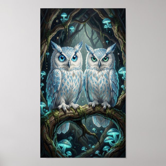 Póster Two wise, ancient white blue owls (Frente)