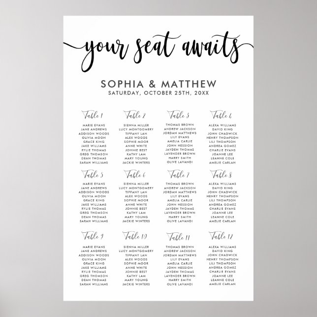 Póster Typography Hand Lettering Wedding Seating Chart (Frente)