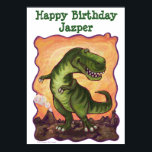 Póster Tyrannosaurus Rex Birthday Party Decoration Poster<br><div class="desc">Happy Birthday! Decorate your dino loving kids themed birthday party with this fun Animal Parade Tyrannosaurus Rex Happy Birthday Personalized Party Poster featuring our original art of a playful TRex dinosaur standing in a brown prehistoric landscape complete with a smoking volcano. Behind the whimsical dinosaur is a textured yellow, orange...</div>