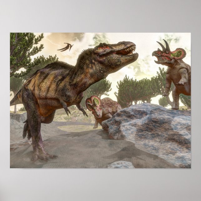 Póster Tyrannosaurus rex escapando del ataque de tricerat (Frente)