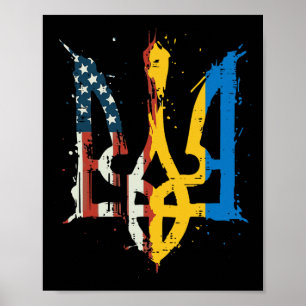 Póster Ucrania América Bandera Tridente Ucraniano Tryzub 