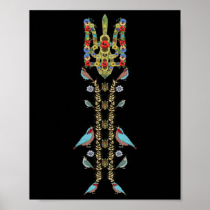 Póster Ucrania Trysub (tridente) Y Aves Retro Ucraniano