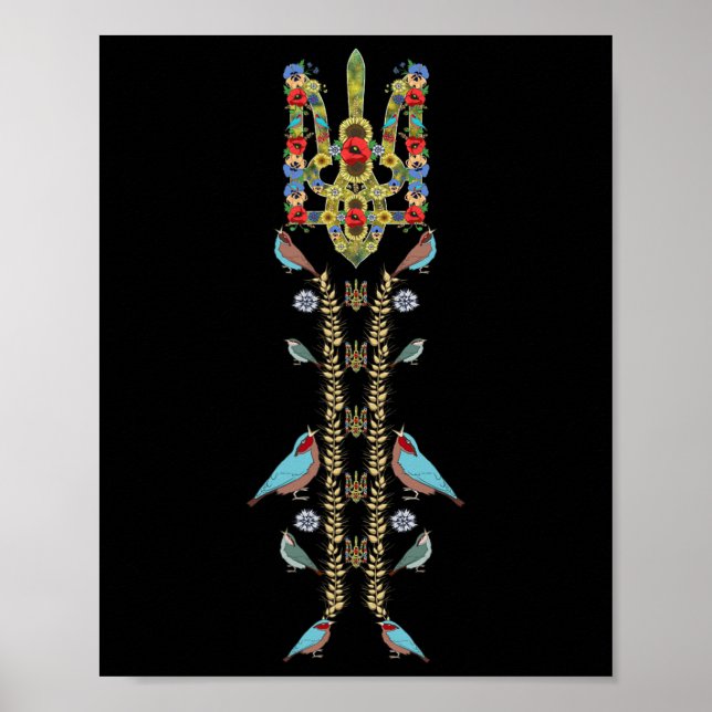 Póster Ucrania Trysub (tridente) Y Aves Retro Ucraniano (Frente)