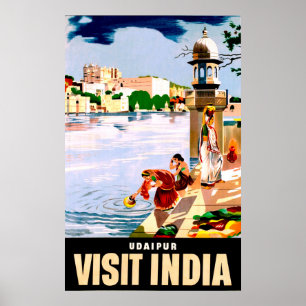 Póster Udaipur, India. Mujeres junto al lago. Viaje vinta