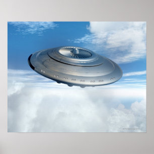 Póster UFO flying through cloudy skies.