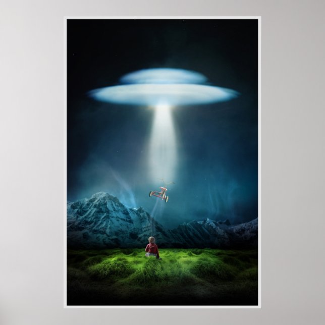 Póster Ufo y niño en el campo en poster nocturno (Frente)
