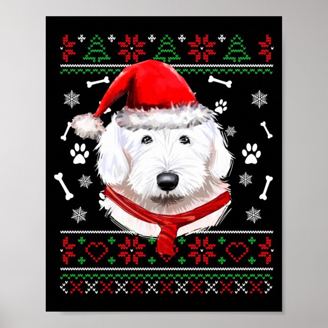Póster Ugly Sweater Christmas Bobtail Dog Santa Hat Pajam (Frente)