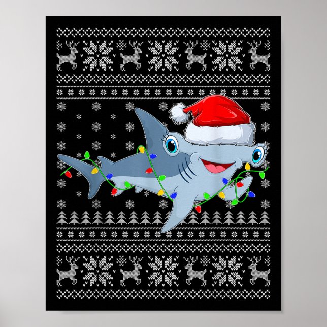 Póster Ugly Sweater Xmas Lights Santa Hammerhead Shark Ch (Frente)